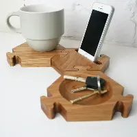  Natural wood, Modular Hexagon Desk Tidy and Docking Station