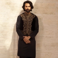  Black Velvet Waistcoat with Gold Embroidery Pathani Kurta Set