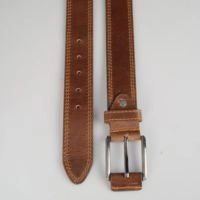  Brown Leather Belt with Stitched Edges & Silver Buckle