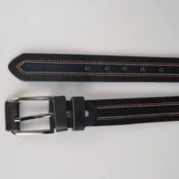  Black Leather Belt with Orange & White Stitched Detail and Silver Buckle