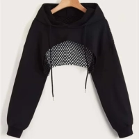  Street Sport Drop Shoulder Drawstring Hollow Out Super Crop Sports Hoodie Without Cami Top