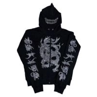  Black Dragon Rhinestone Full Zip Hoodie Streetwear