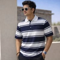  Men’s Navy White Striped Polo T-Shirt Classic Fit Cotton Polo Shirt