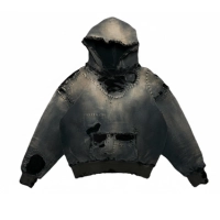  OEM Streetwear Hoodie Manufacturer Custom Acid Wash & Distressed Raw Hem Hoodie Oversized Cotton Hip-Hop Pullover Hoody