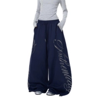  Worsted Polyester/Cotton Midweight Oversized Vintage Wide Leg Baggy Elastic Anti-Wrinkle Windproof Jogger Sweatpants Rhinestone