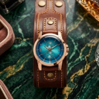  Luxury Vintage Men Leather Cuff Watch Genuine Hand Stitched Leather Band Sunburst Dial