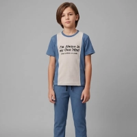  Boys Blue & Beige Ribbed Co-Ord Set – Printed Half Sleeve T-Shirt with Matching Trouser for Kids Casual Wear