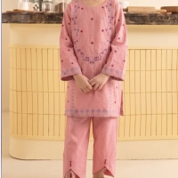  Girls Pink Embroidered 2 – Dobby Cotton Piece Kids Eastern Wear