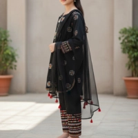  Girls Black Cotton Sequin Embroidered Ethnic Suit with Net Dupatta – Festive & Party Wear